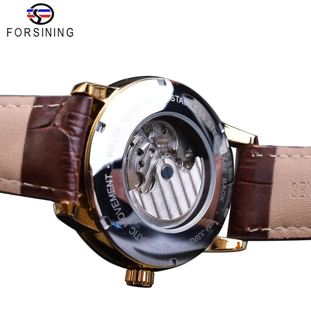 Forsining Automatic Watch Men Moon Phase Golden Skeleton Mechanical Male Watches Casual Brown Leather Band Horloges Mannen Clock