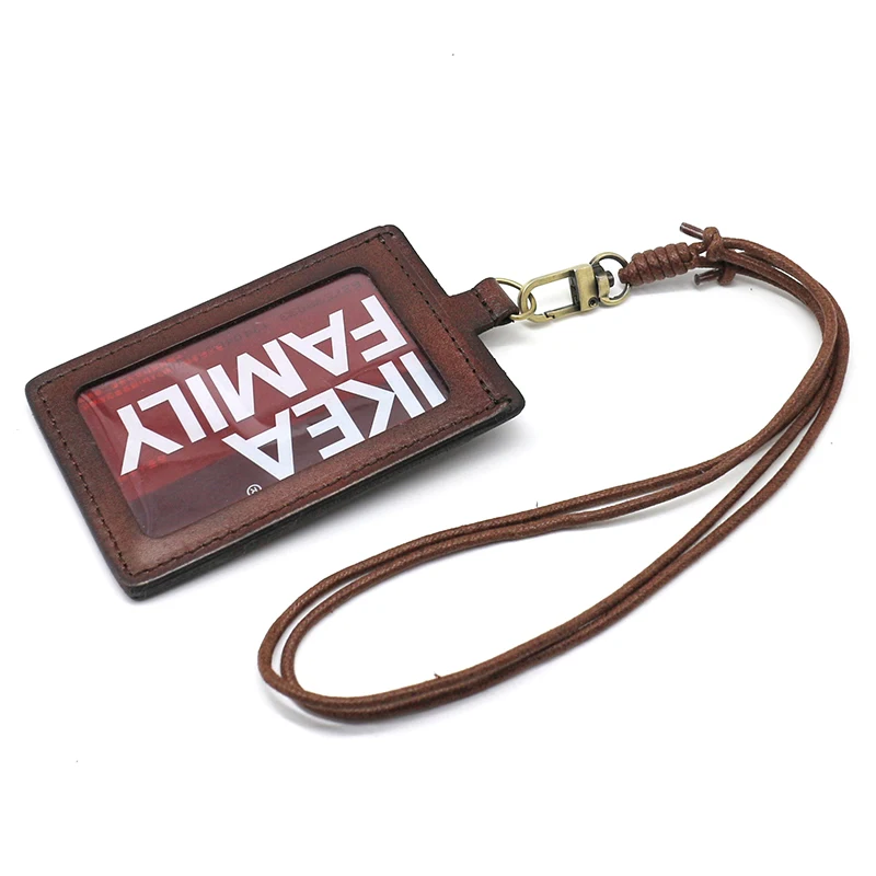 ID Badge Holder For Office Work First Layer Leather Retractable Lanyard Identity Neck Strap Bus Credit Card Holders Mini Wallets