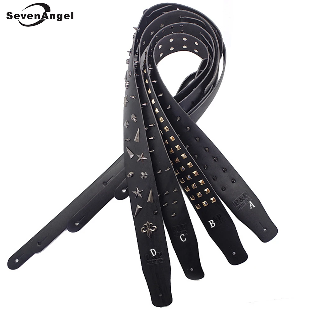 

Genuine Leather Guitar Strap Black Widening PUNK Hard Rock Metal Rivets Decorations Folk Acoustic Electric Guitar Bass Belt