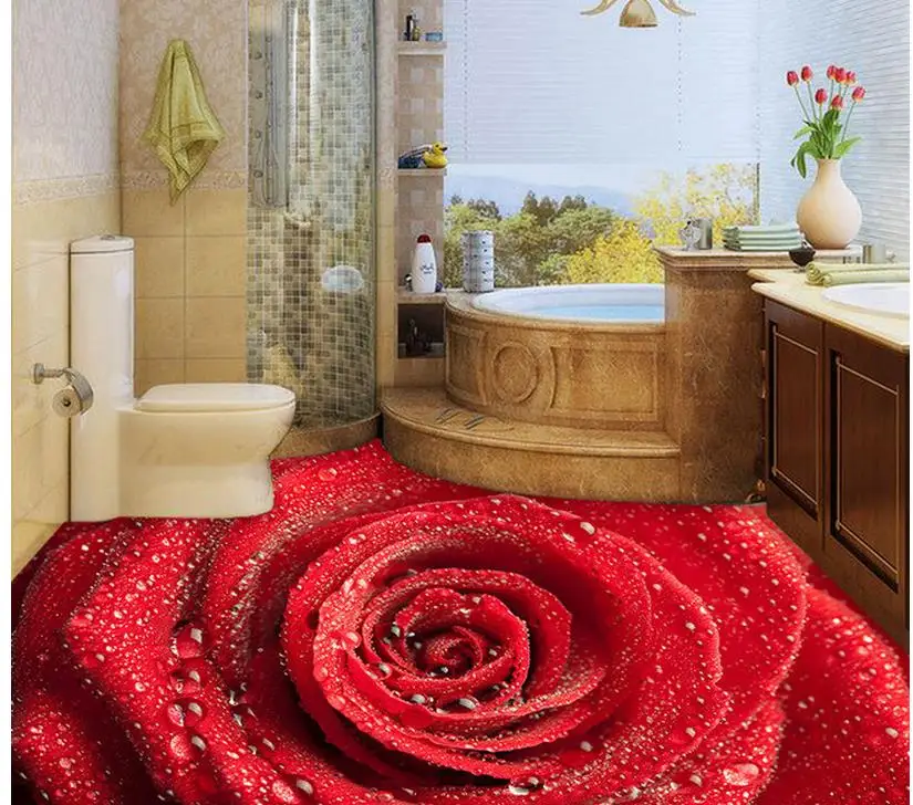 

3d wallpaper pvc Dew Red Rose Fashion 3D Floor wallpaper for bathroom waterproof Home Decoration