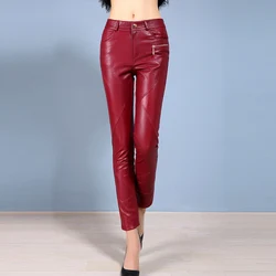 Skinny calça de couro genuíno para mulheres, perneiras finas, botas de pele de carneiro, ol show, bem ajustáveis, primavera e outono