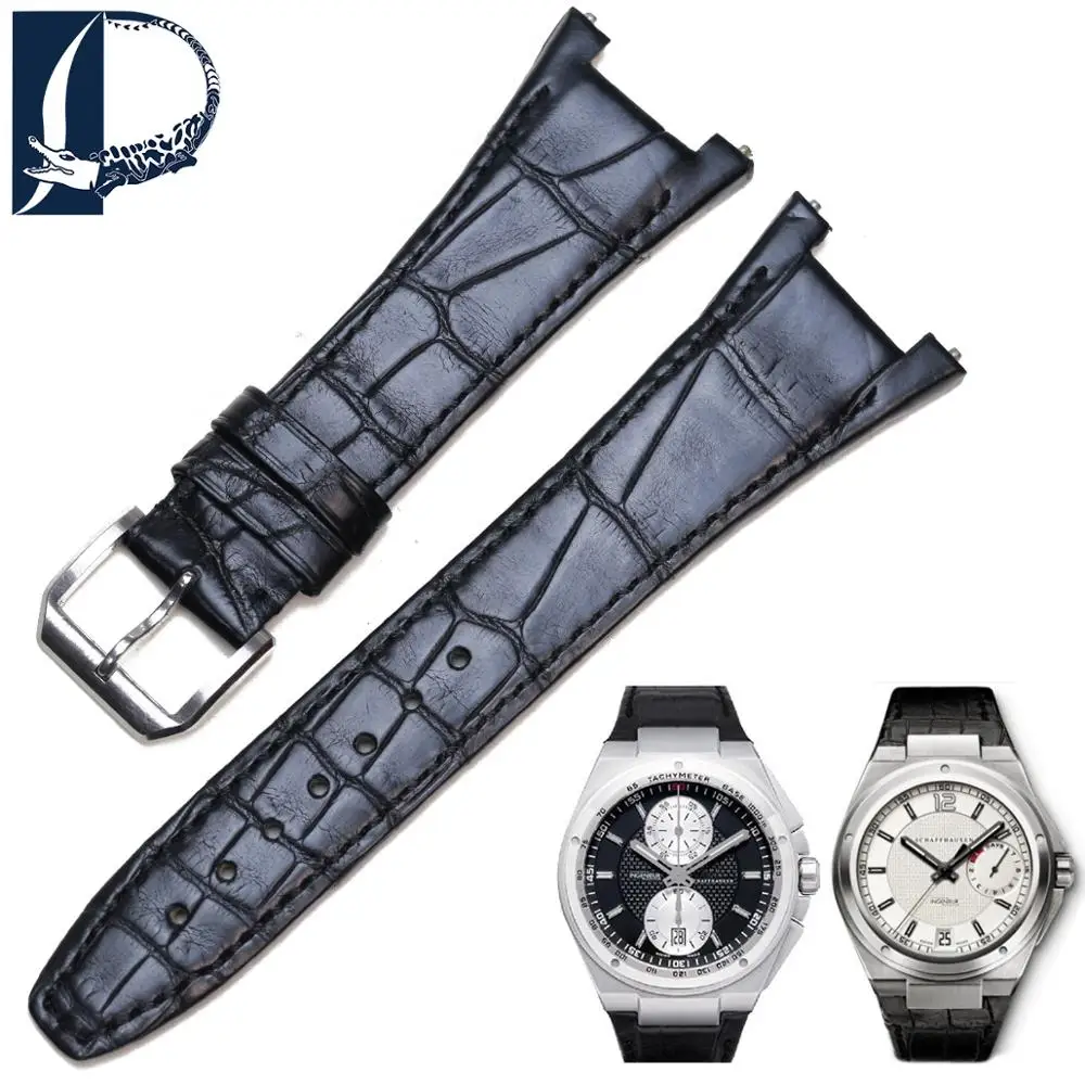 Pesno Notch End Alligator Skin Leather Watch Band for IWC Ingenieur Strap for Men 28mm Black  Strap Bracelets Pin Buckle Belt