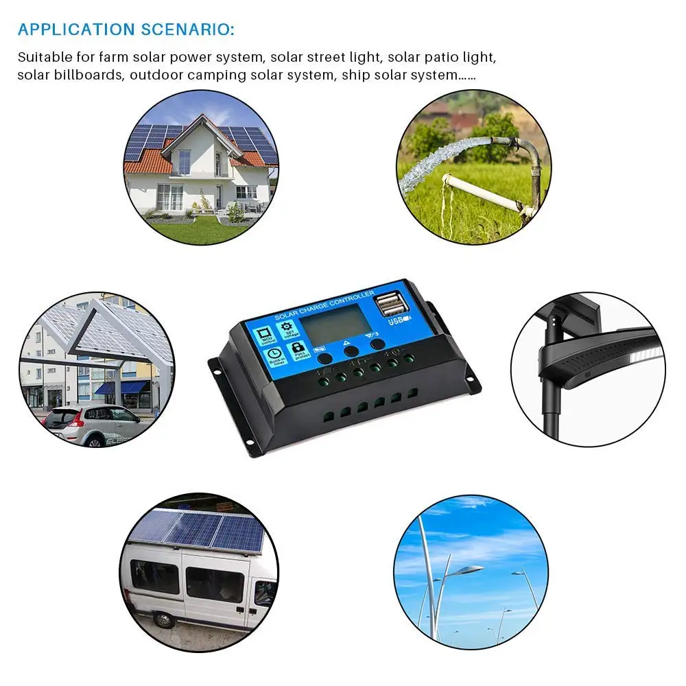 60A/50A/40A/30A/20A/10A 12V 24V Auto Solar Charge Controller PWM Controllers LCD Dual USB 5V Output Solar Panel PV Regulator