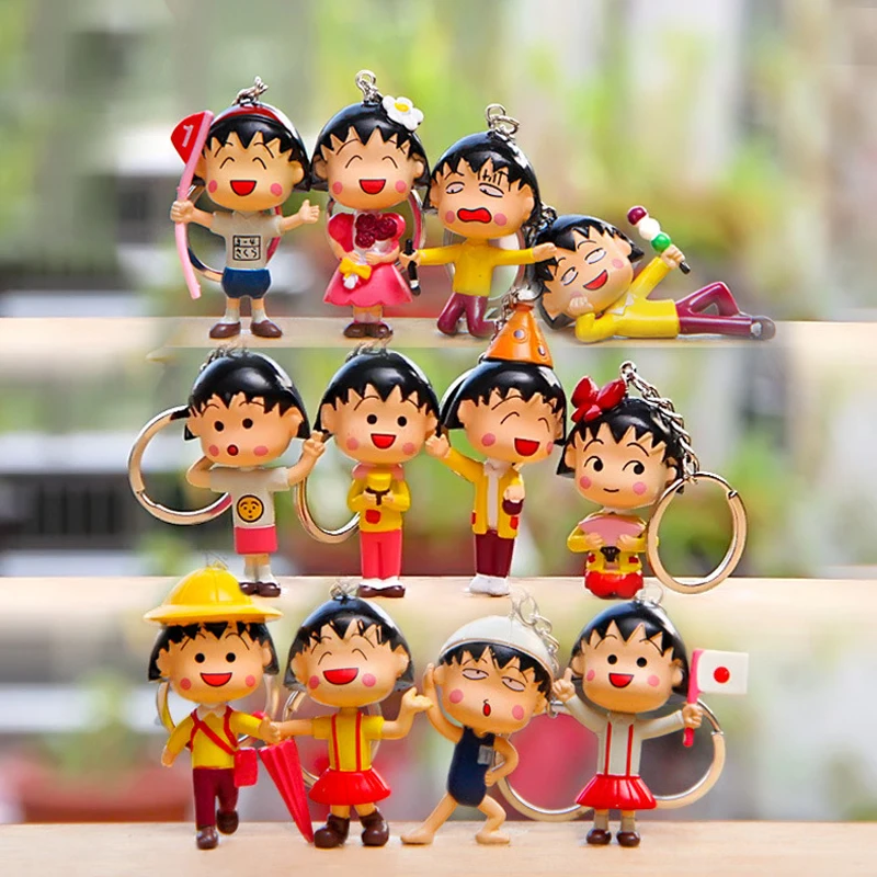 PVC 12 Styles Happy Year Chibi Maruko Chan Action Figure Pendant Keychain Anime Cartoon Sakura Momoko Model Toy Kids Gift