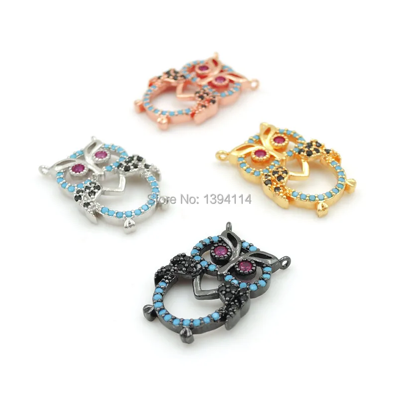 

20*14*3mm Micro Pave Kallaite&Black&Red CZ Owl Charm Of Double Circles Fit For Women As Necklaces Accessory