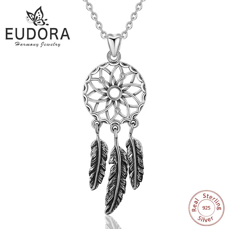 

EUDORA 925 Sterling Silver Dreamcatcher & Feather Pendant Necklace for Women girl Fine Jewelry Gift Pendentif haute joaillerie