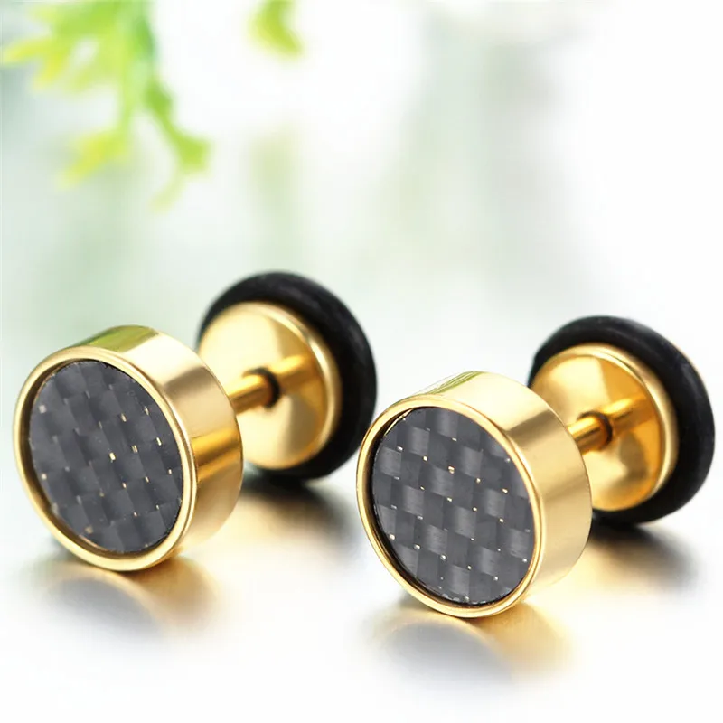 8mm Mens Black/Gold/Silver Color Stud Earrings Stainless Steel Illusion Tunnel Plug with Carbon Fiber Jewerly aretes de mujer