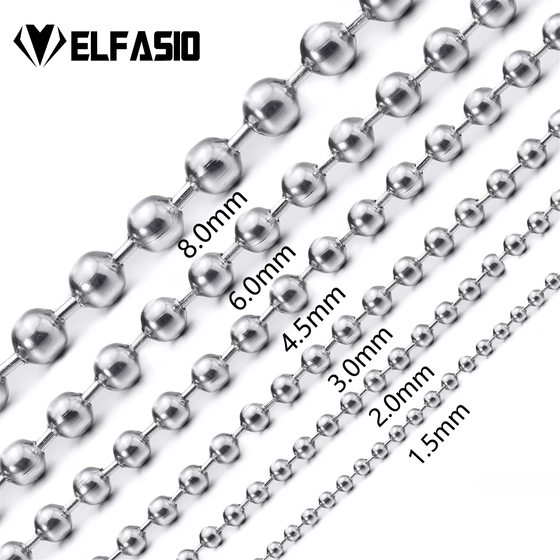 1.5/2/3/4.5/6/8mm Round Ball Bead Chain Rolo Silver/Black Stainless Steel Necklace Customize Length 35-75cm