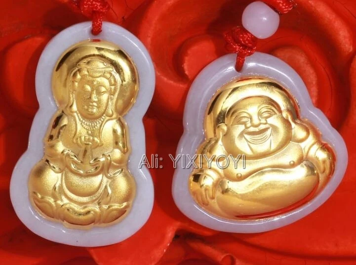 Natural White Grade A Jadeite jade + 18K Gold Chinese Blessing GuanYin Buddha Amulet Pendant + Free Necklace Jewelry Certificate