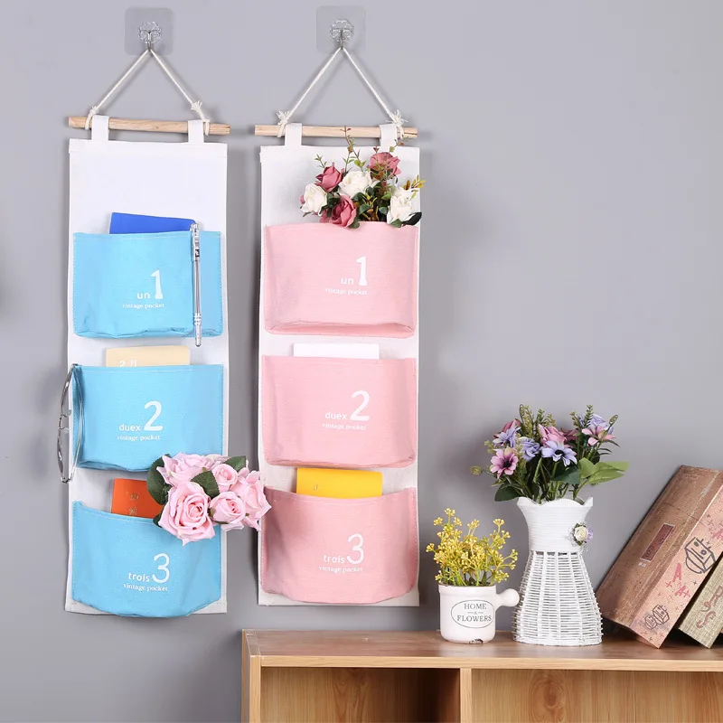 Flamingo Pattern Cotton Linen Hanging Storage Bag 3 Pockets Wall Mounted Wardrobe Hang Bag Wall Pouch Cosmetic Toys Organizer