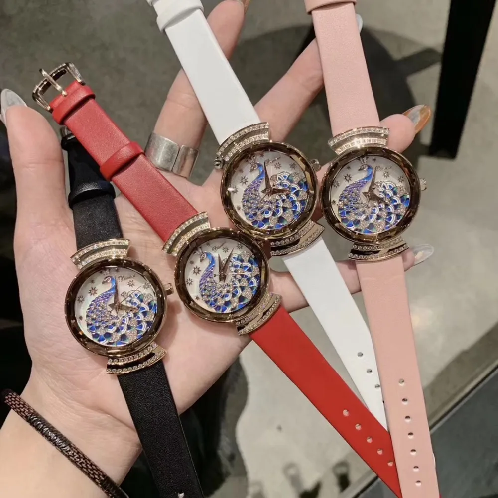 Noble Elegant Women Peacock Watches Enamel Vintage Party Statement Watch Handmade Painting Crystals Wrist watch Leather Montre