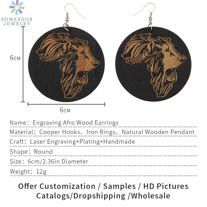 SOMESOOR Afrocentric Ethnic Engraved Wooden Drop Earrings African Lion Map Style Photos Handmade Jewelry For Women Gifts