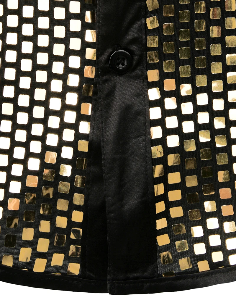 Shiny Gold Sequin Black Silk Dress Shirts Men Long Sleeve Button Down Shiny Disco Party Shirts Male Nightclub Party Prom Chemise