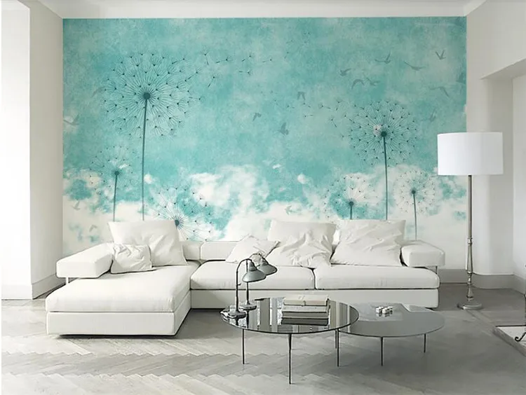 

Custom wall papers home decor Fashion Fresh Modern Nordic Style Blue Dandelion Flying Bird TV Background 3d Wallpaper