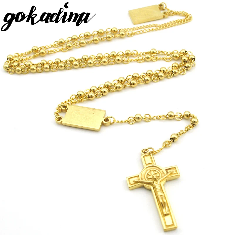 GOKADIMA 2017 New Gold Color Stainless Steel Men Jewelry Beads Cross Pendant Rosary Necklace Women Party Gift HIP HOP WRN18