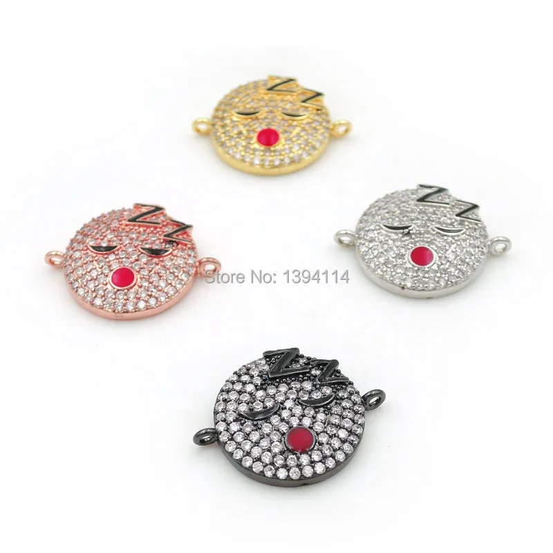 20*16*3mm Micro Pave Clear CZ Round Connector With Sleeping Face Enamelled Fit For Women As DIY Bracelets Accessory