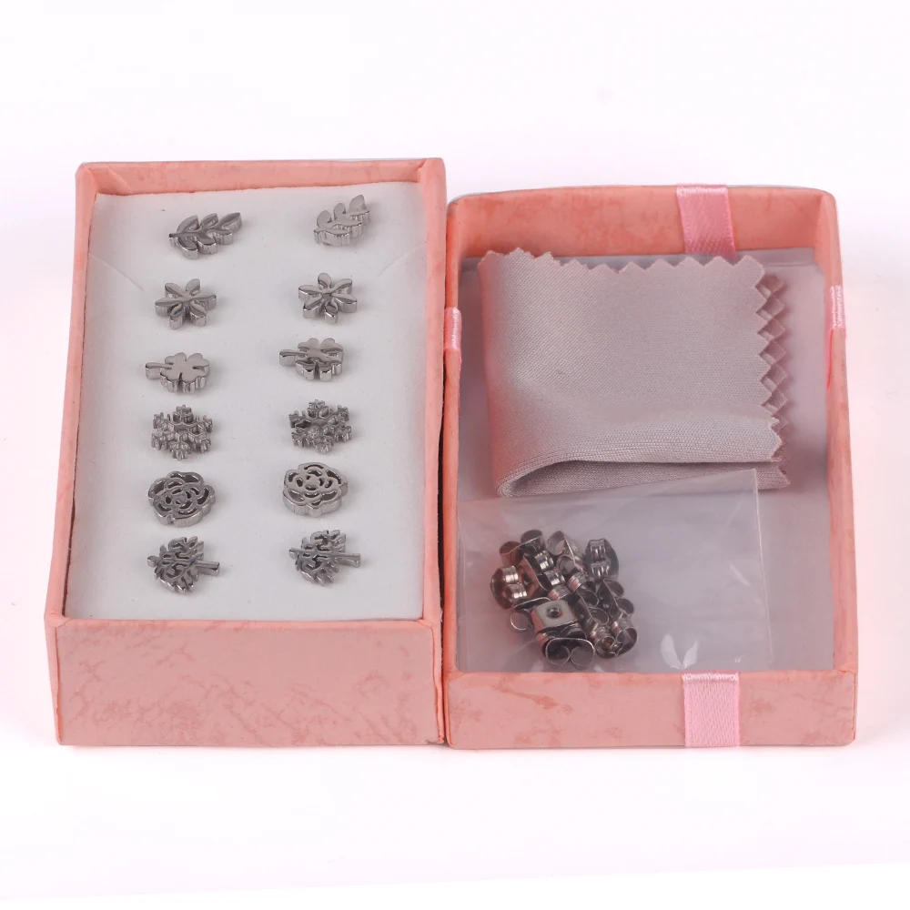 LUXUSTEEL Stainless Steel 6pairs/Box Earring Sets Mixed Style Tree/Snowflake/Leave/Flower Shape Stud Earrings Female Jewelry