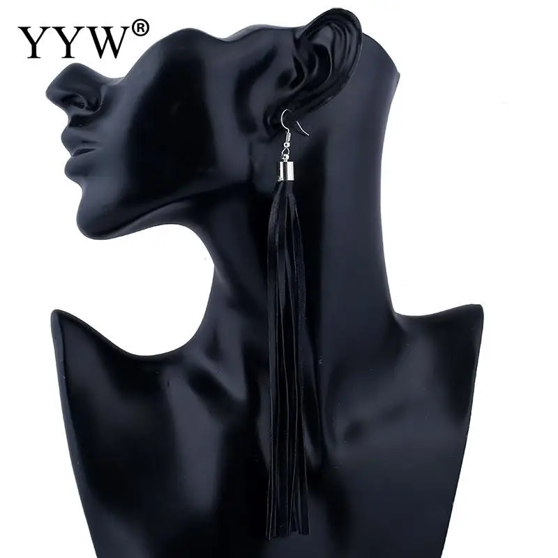 Vintage Black PU Leather Long Tassel Earrings for Women Female  Zinc Alloy Iron Hook Dangle Earrings Statement Party Jewelry