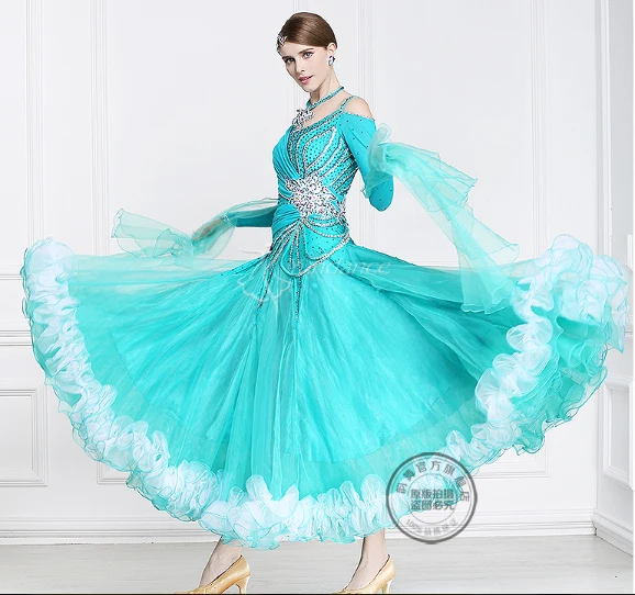 

customize rhinestone blue long sleeve Fox trot Waltz tango salsa competition ballroom cha cha dance dress shoulder cutout