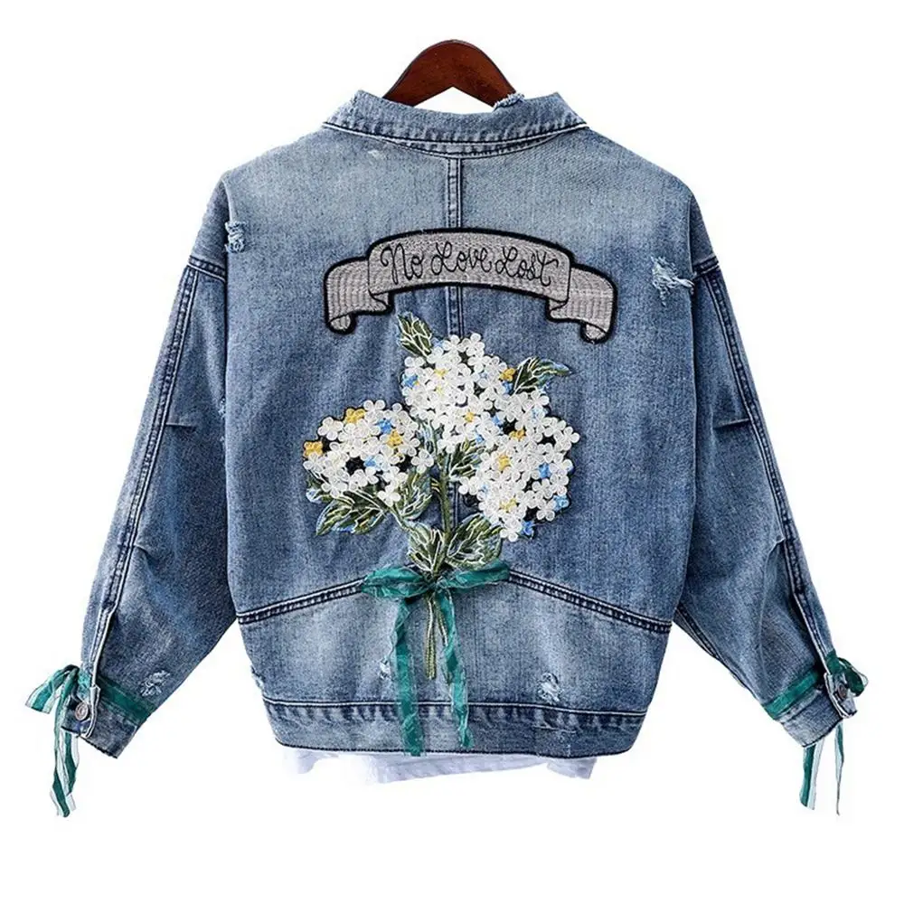 2019 Autumn Embroidery Flower Jeans Jacket Women Casual Long Sleeve Blue Denim Jacket Coats Loose Streetwear Female Outerwear