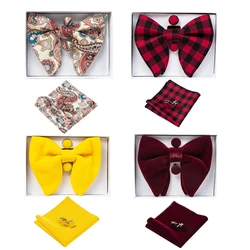 Ricnais Velvet Big Bow Tie Men's Bowties Pocket Square Cufflinks Set Solid Red Blue Handkerchief Necktie For Man Wedding Gift