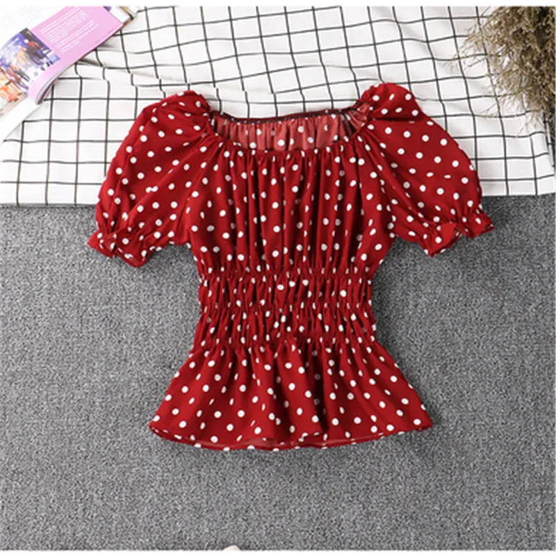 2019 New Summer Autumn Women Dot Chiffon Shirt Sweet Short Sleeve Blouse Female Vintage Ruffles Blouses Short Blusas Tops AB1464