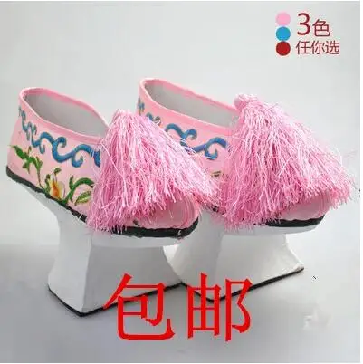 

Qing Dynasty Princess Shoes Oriental Chinese Ancient Women Heighten Performance High Heel Stage Pink