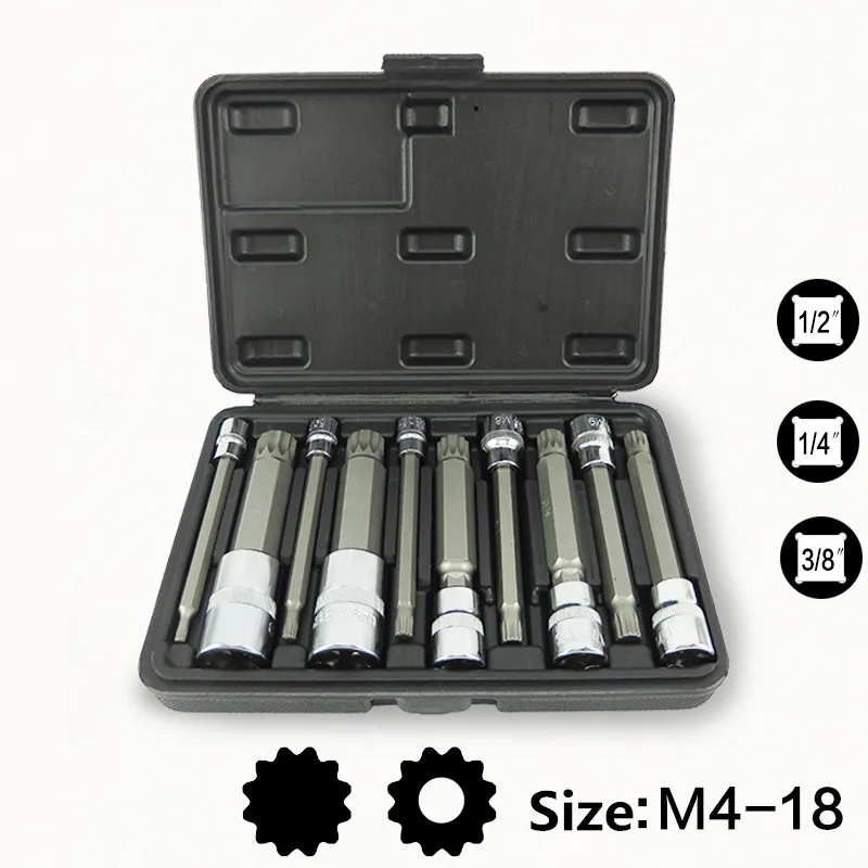 SPIFFYER New 10Pcs 4-Inch Extra Long XZN Triple Square Spline Bit Socket Set, S2 Steel  Bits,Chrome Vanadium Sockets