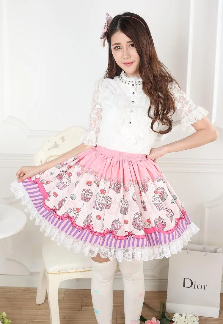 Summer New Alice Sweet Super Cute Cake Print Pink Lolita Princess Lace Skirt For Women Teen Girls Plus Size Cosplay Skirts