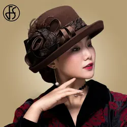 FS Vintage Black Wool Cloche Hats Wide Brim Fedora Hat For Women Flower Red Brown Felt  Winter Bowler Cap Chapeau Feutre Femme