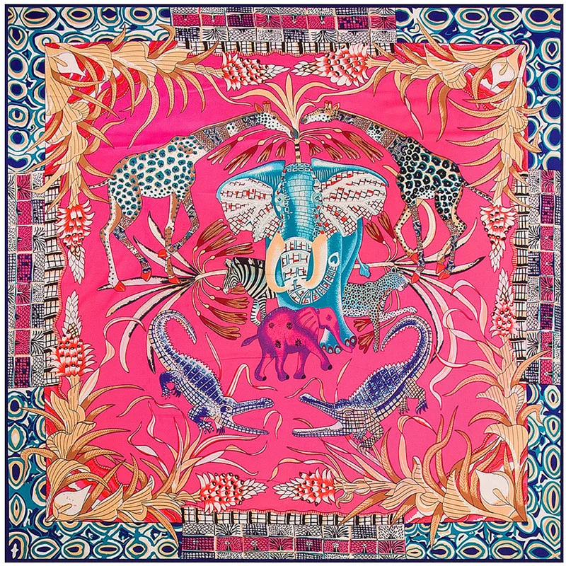 130cm Square Scarf 2023 Brand Women Twill Silk Scarf Animal Elephant Leopard Giraffe Print Large Square Scarves Foulard Scarf
