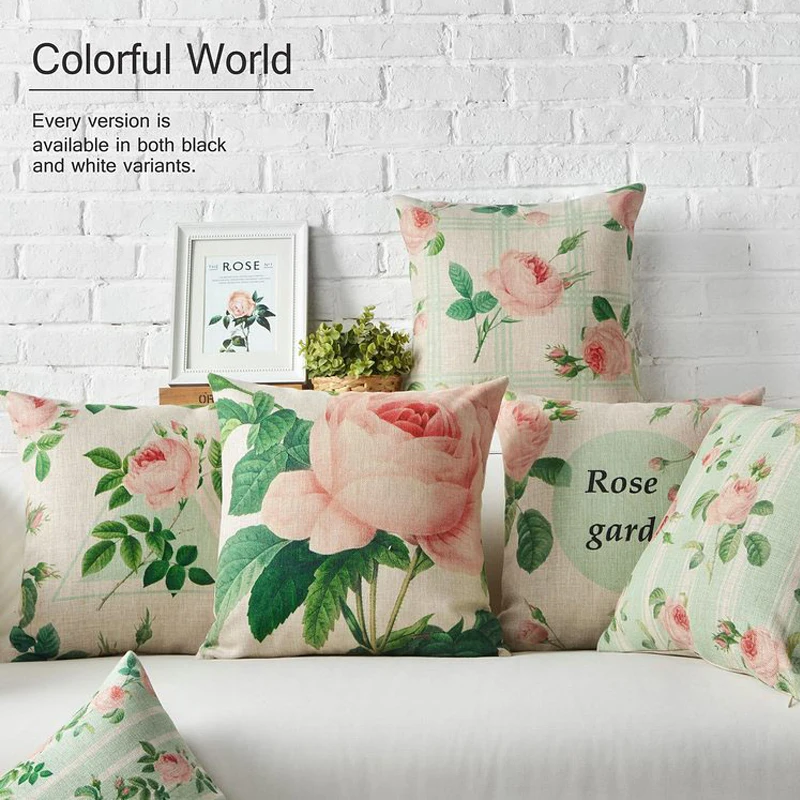 American Rural Pink Flowers Rose Pillow Cover Home Decorative Red Floral Linen Pillowcase Office Sofa Cushions