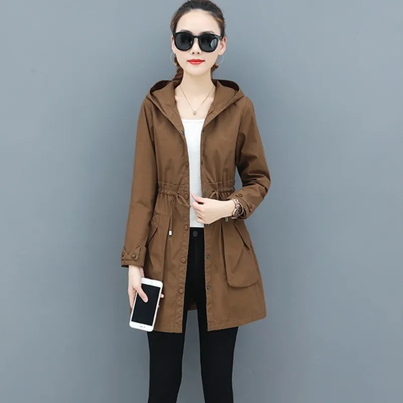 Uhytgf Mode Vrouwen Trenchcoat Mid-Lengte Mid-Length Hooded Lente Herfst Tops Bovenkleding Nieuwe Lace-Up slim Big Size Jassen 1479