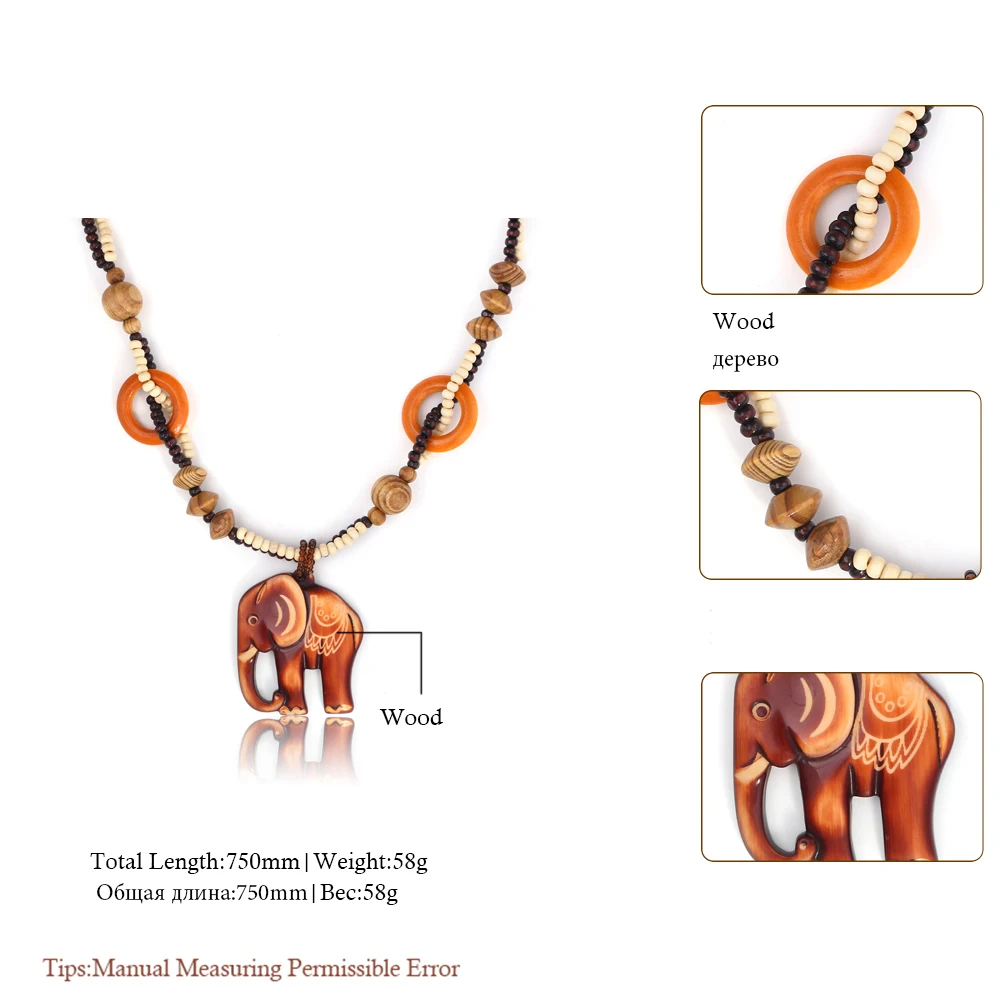 Fashion Bohemian Vintage Ethnic Wood Elephant Long Sweater Chain Necklaces & Pendants for Women Statement Necklace Jewelry 2024