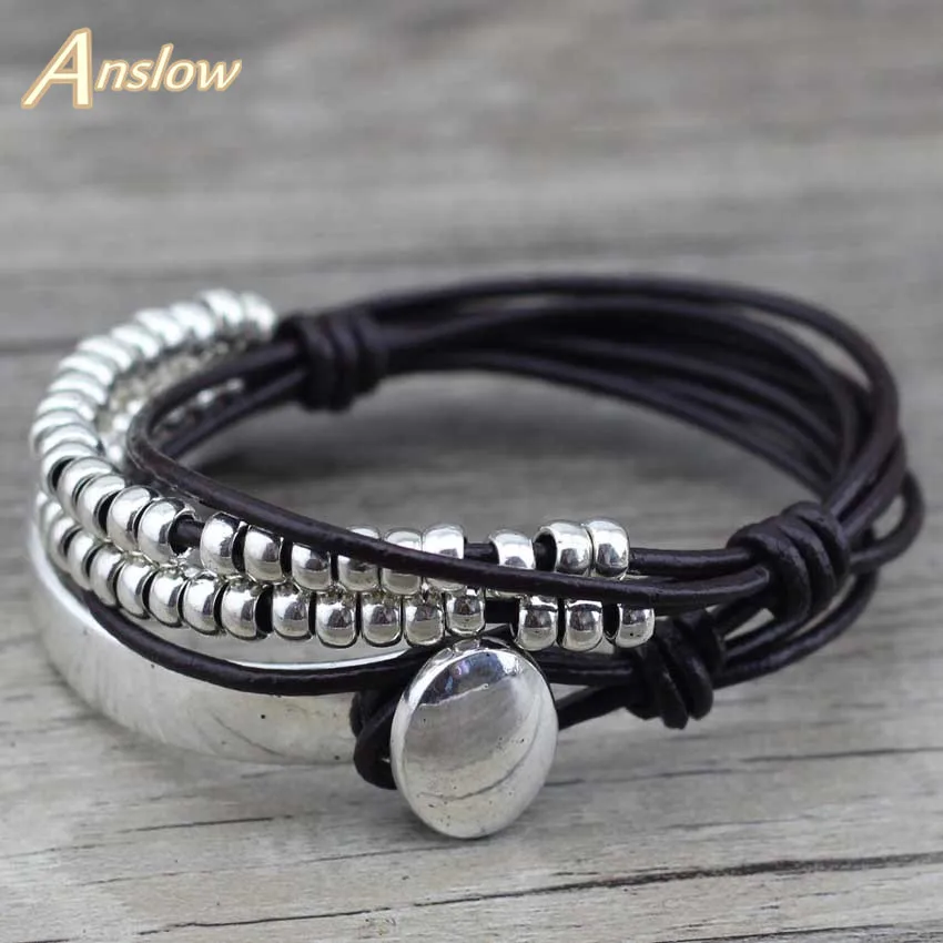 Anslow Brand Bohemian Vintage Handmade Multilayer Wrap Jewelry Women Mother's Day Birthday Leather Bracelet Bangle  LOW0465LB image 2