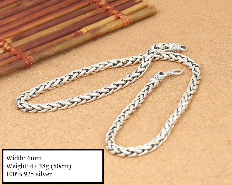 6MM 100% 925 Silver Necklace Vintage Thai 925 Sterling Longevity Neckace Man Necklace