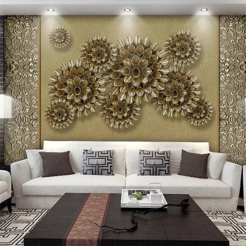 wellyu papel de parede 3d European soft golden abstract flowers TV background wall custom large mural green wallpapermural