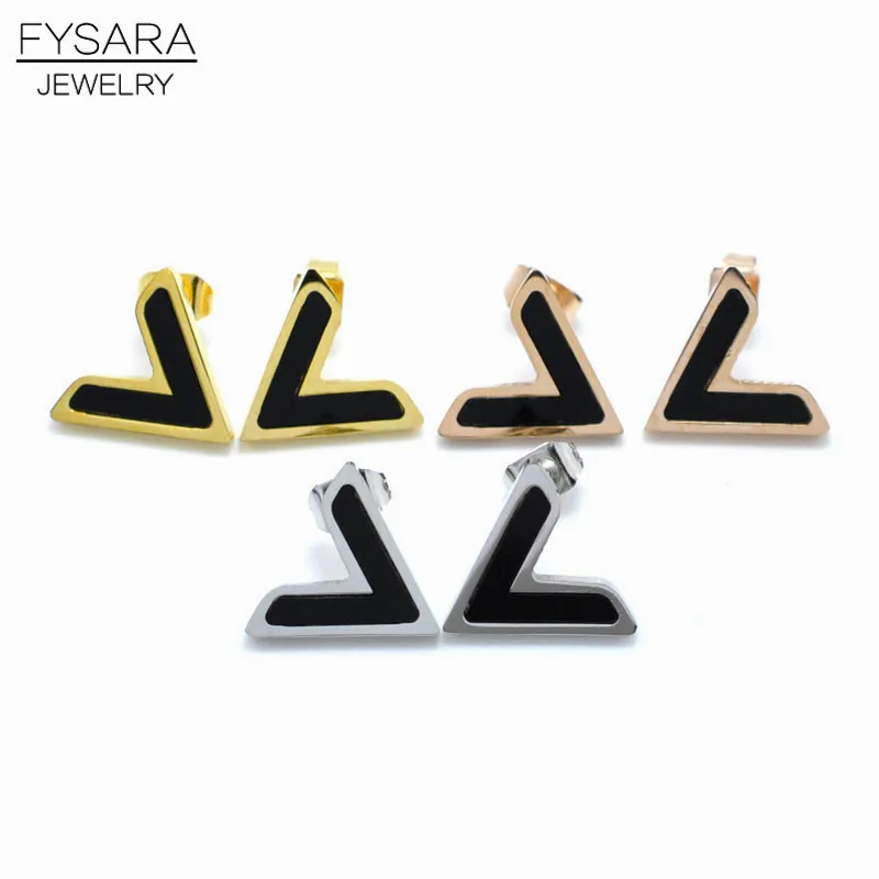 FYSARA Classic Brand Cute V Stud Earrings For Women Enamel Black Love Earrings Rose Gold-color Stainless Steel Fashion Jewelry