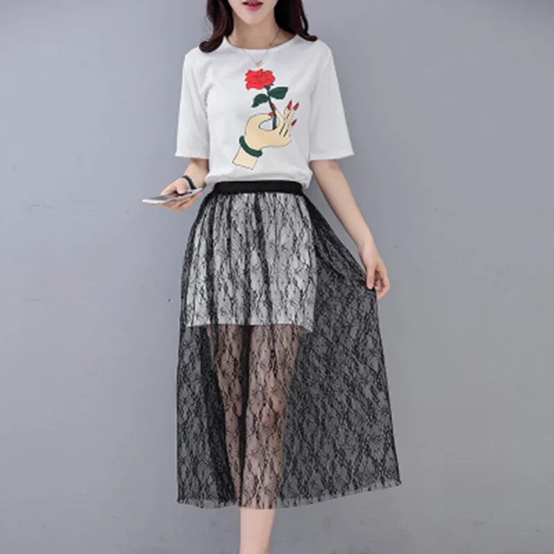 Women Sexy Lace Mesh Long Skirt Spring Summer Casual High Waist Elastic Transparent One Layer Black Bottom Skirt 57