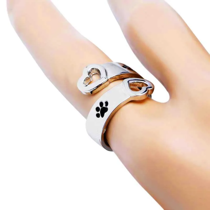 I will love you forever Pet paw prints rings Pet lover Dog Cat Memorial black Enamel Ring men Cute Puppy Paw Ring Jewelry couple