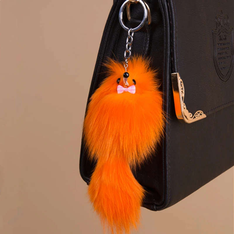 Cute Girls 17cm Fluffy Natural Fox Fur Key Chain Women Plush Fur Pompon Fox Keychain Bag Car Trinket Female Party Jewelry Gifts