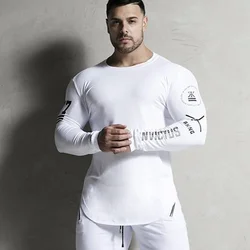 Camisa de manga longa para musculação masculina, camiseta skinny masculina, ginásio Fitness, Tees de treino, Tops corrida, roupa seca rápida, moda casual