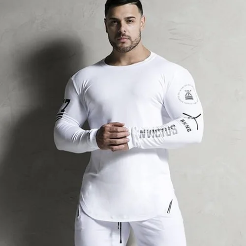 Imagen 1 del producto Camisa de manga larga de culturismo para hombre, camiseta ajustada informal a la moda para gimnasio, camisetas de entrenamiento para Fitness, Tops para correr, ropa de secado rápido