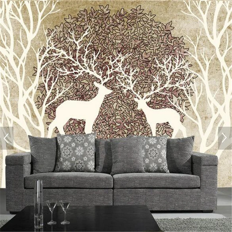 

beibehang Retro nostalgic forest elk sofa background wall decoration painting TV backdrop custom wallpaper papel de parede