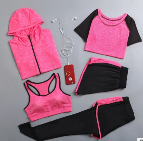 Quick dry women yoga clothing hooded coats+t shirt+bra+shorts+pants sets women autumn outdoor running sportswear gym Suits