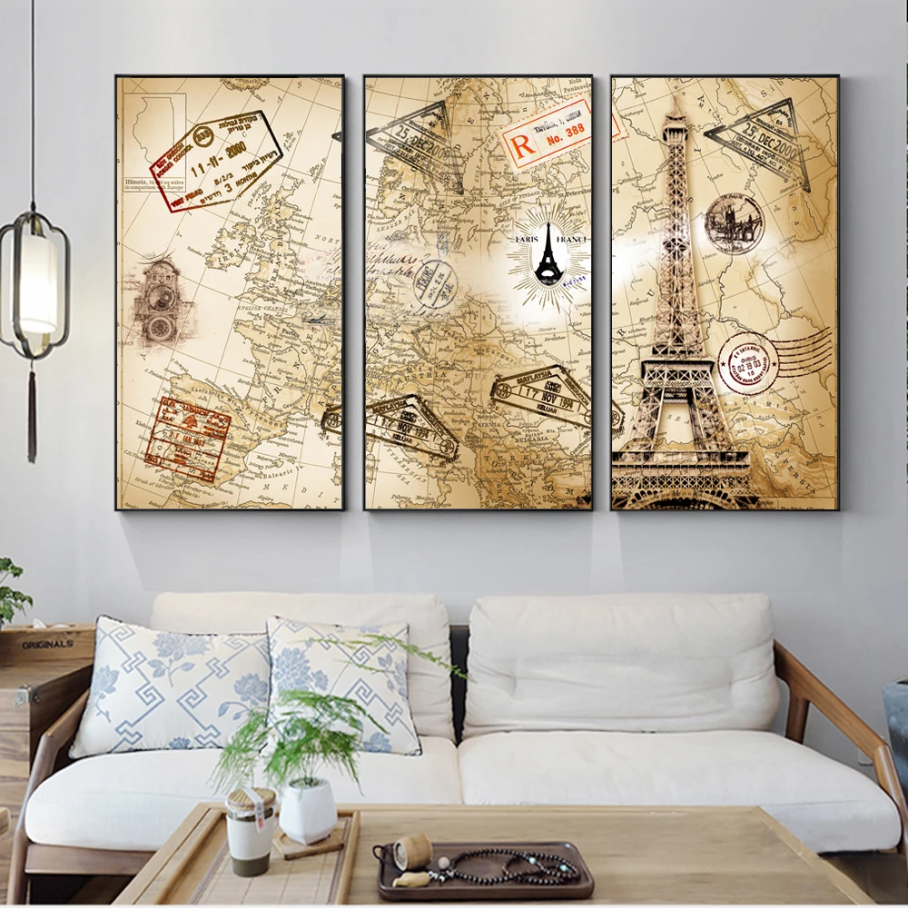 3 PCS Vintage World Map Posters Wall Art Canvas Painting Prints Modern Europe Traveling Map Modular Cuadros Picture Wall  Decor