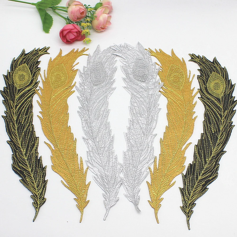 YACKALASI 10 Pieces/Lot Feather Flower Appliqued Embroidery Gold and Silver Iron on fabric applique black Mirror pairs 26-6cm