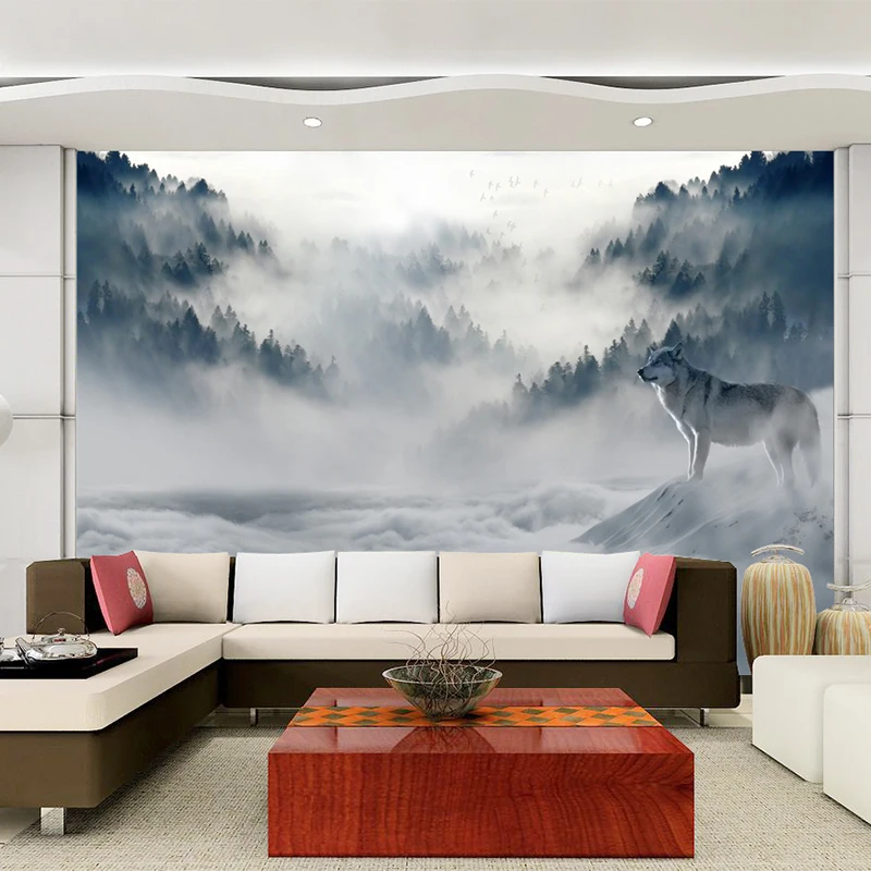 Kertas dinding 3D kertas dinding dekorasi rumah TV ruang tamu mural foto hewan serigala hutan kabut Modern kertas dinding untuk dinding 3D kertas dinding
