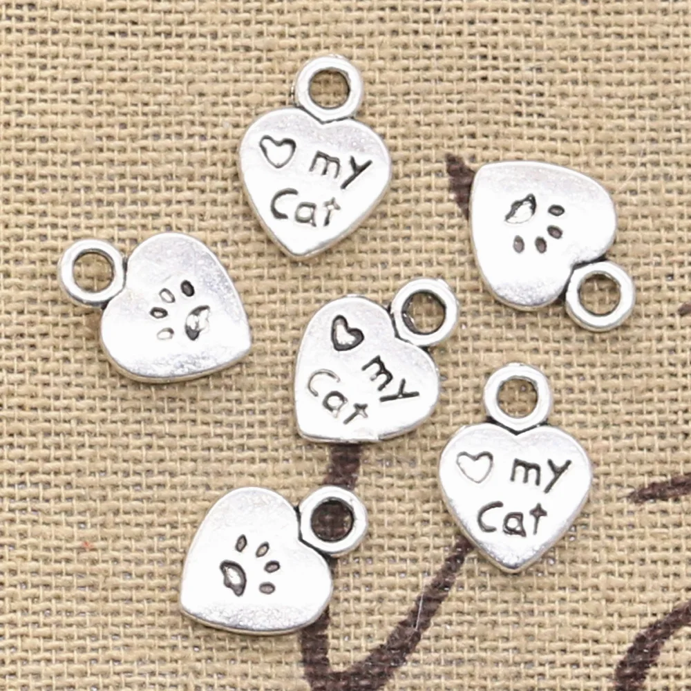 30pcs Charms Heart Love My Cat Paw 12x9mm Antique Pendant fit,Vintage Tibetan Bronze Silver color,DIY Handmade Jewelry