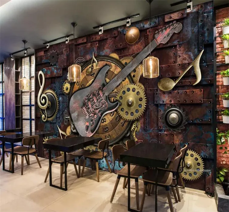 

Custom Mural Wallpaper Wall Covering Retro Metal Gears Musical Notes Guitar Bar KTV Background Picture Decoration Wall Painting